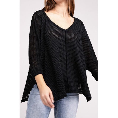 3/4 Sleeve V-Neck Hi-Low Hem Jacquard Sweater