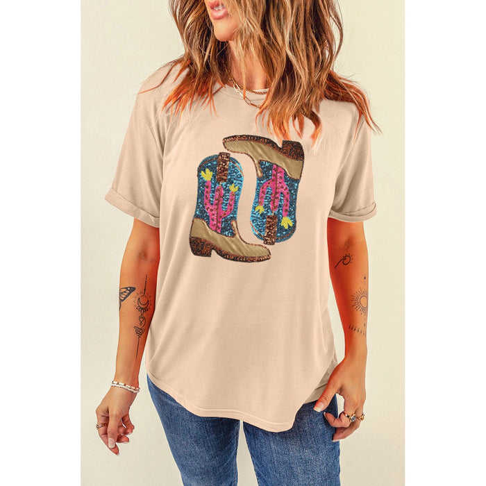 Sequin Round Neck Short Sleeve T-Shirt