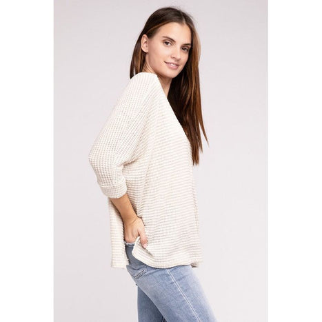 3/4 Sleeve V-Neck Hi-Low Hem Jacquard Sweater