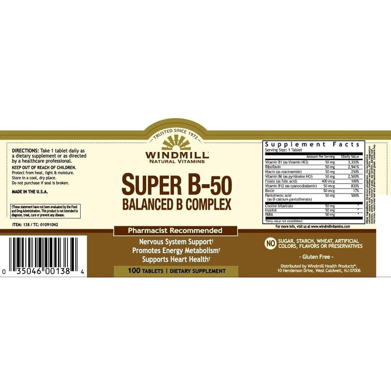 Windmill Windmill Super B50 Balanced B Complex Vitamin Tablets 100ct Vitamins & Supplements