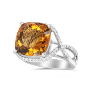 Bids.com 14K White Gold 12mm Cushion Cut Yellow Citrine Gemstone and 1/3 Cttw Round Pave-Set Diamond Ring - (H-I Color, VS1-VS2 Clarity)- Size 6.5 Rings