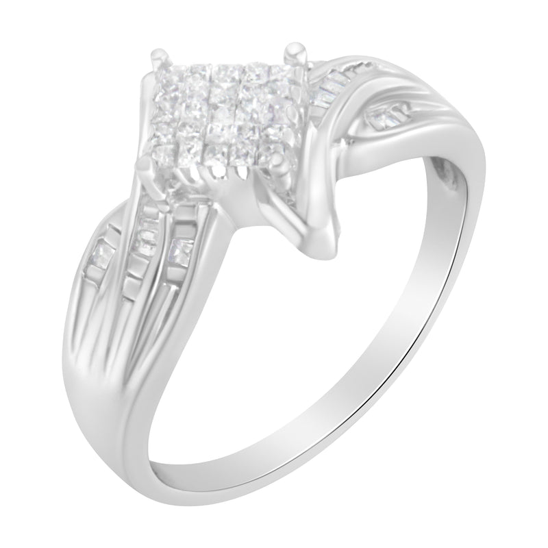 Bids.com 10K White Gold 1/3 Cttw Princess and Baguette Cut Diamond Bypass Style Cocktail Ring (I-J Color, I1-I2 Clarity) - Size 4 Rings