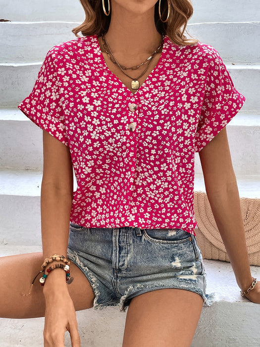 Printed V-Neck Short Sleeve Blouse