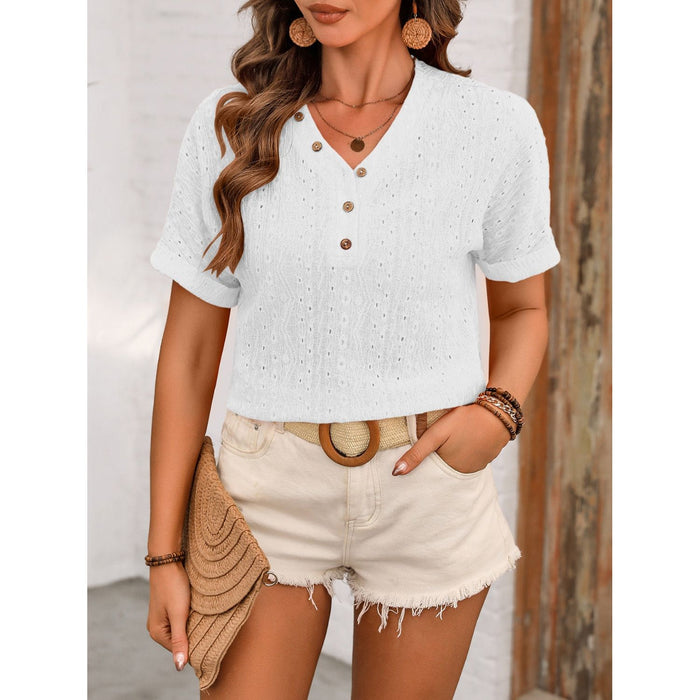 Eyelet V-Neck Short Sleeve Top