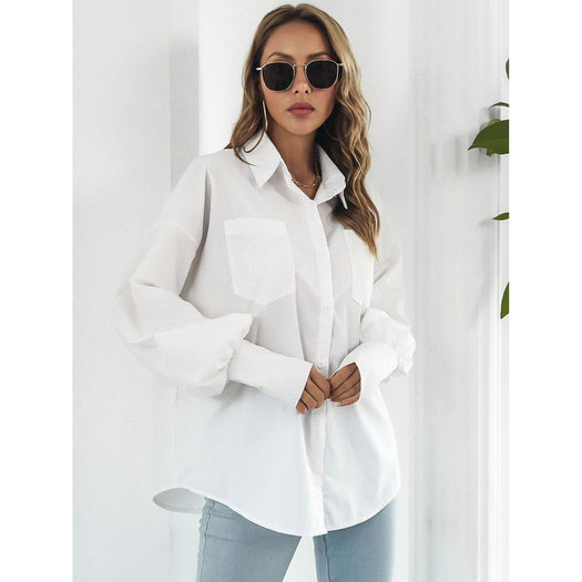 Button Up Dropped Shoulder Lantern Sleeve Shirt