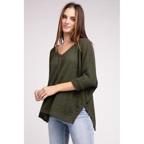 3/4 Sleeve V-Neck Hi-Low Hem Jacquard Sweater