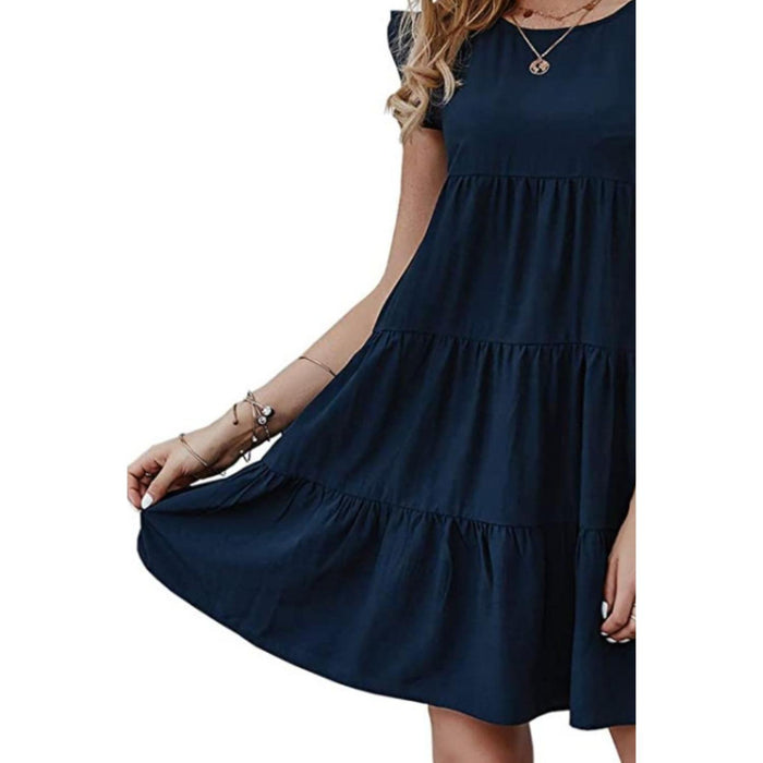 Ruffled Round Neck Cap Sleeve Mini Dress