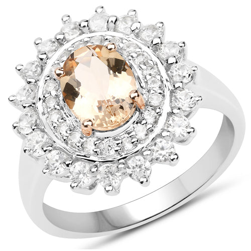 Bids.com Two Tone Plated 2.30 Carat Genuine Peach Morganite and White Zircon .925 Sterling Silver Ring Rings