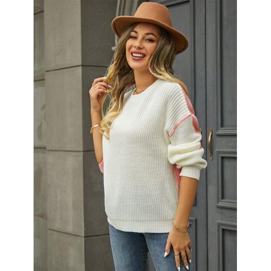 Contrast Round Neck Dropped Shoulder Sweater