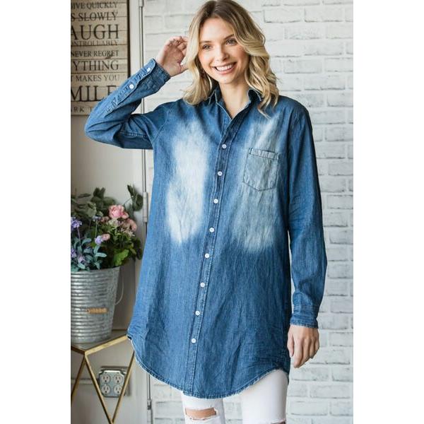 Veveret Pocketed Button Up Washed Denim Shirt