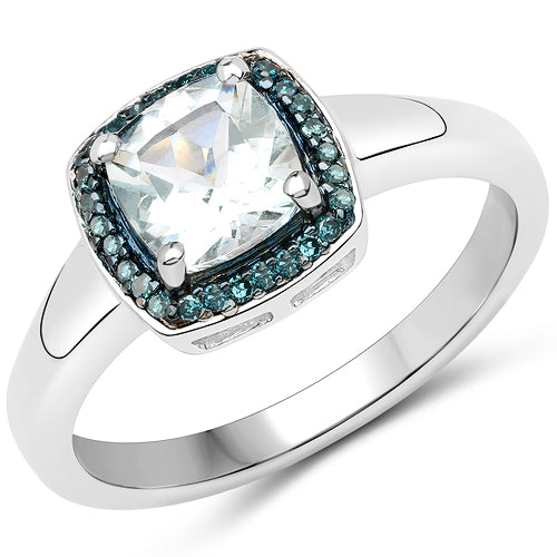 Bids.com 0.83 Carat Genuine Aquamarine and Blue Diamond .925 Sterling Silver Ring Rings