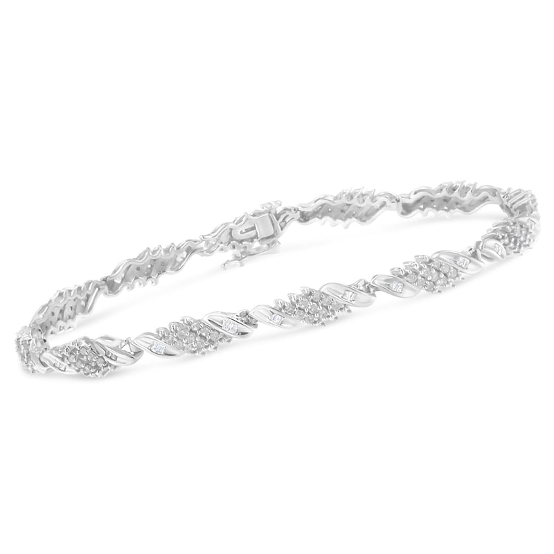 Bids.com .925 Sterling Silver 1-1/2 Cttw Round and Baguette Cut Diamond Wave Link Bracelet (I-J Color, I2-I3 Clarity) - 7" Bracelets