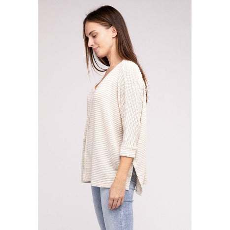 3/4 Sleeve V-Neck Hi-Low Hem Jacquard Sweater