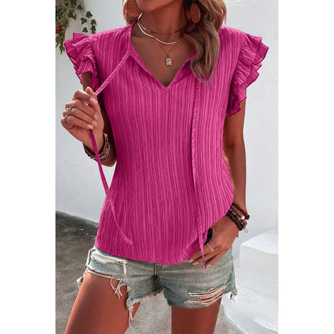 Ruffled Tie Neck Cap Sleeve Blouse