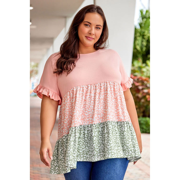 Ruffled Short Sleeve Leopard Splicing Flowy Plus Size Top