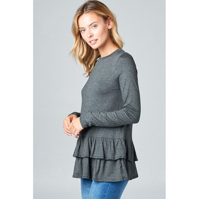 RUFFLE BOTTOM LONG SLEEVE ROUND NECK TUNIC TOP