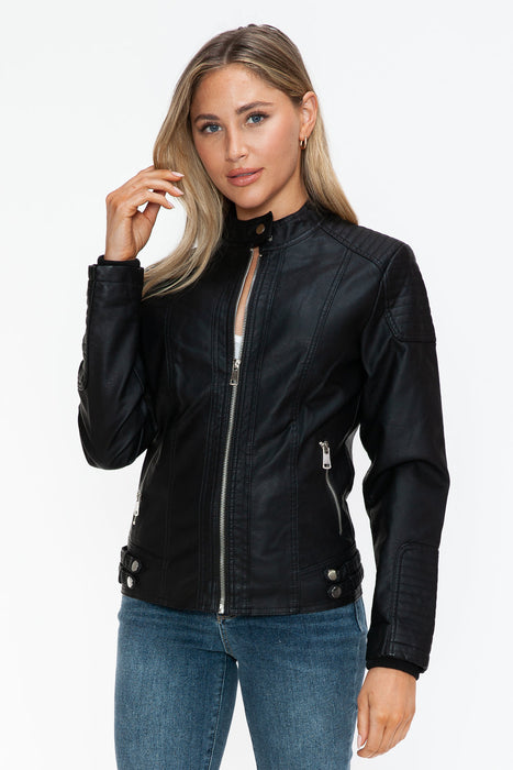 Faux Leather Biker Jacket with Side Zip Pockets