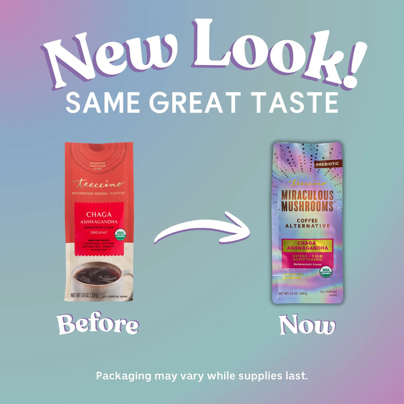 Teeccino Chaga Ashwagandha Butterscotch Cream Mushroom Herbal Coffee Herbal Coffee