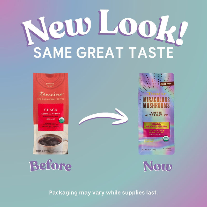Teeccino Chaga Ashwagandha Butterscotch Cream Mushroom Herbal Coffee Herbal Coffee