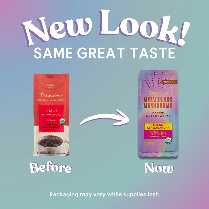 Teeccino Chaga Ashwagandha Butterscotch Cream Mushroom Herbal Coffee Herbal Coffee