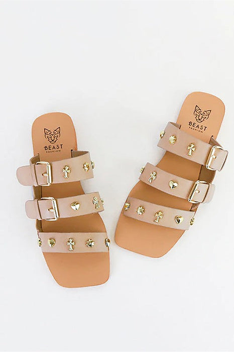 Lana Double Buckle Studed Flat Sandals in Nude