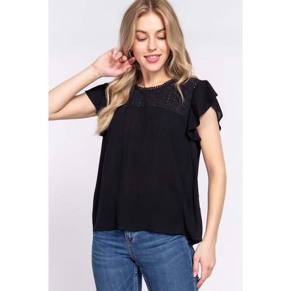 ACTIVE BASIC Ruffle Short Sleeve Crochet Blouse