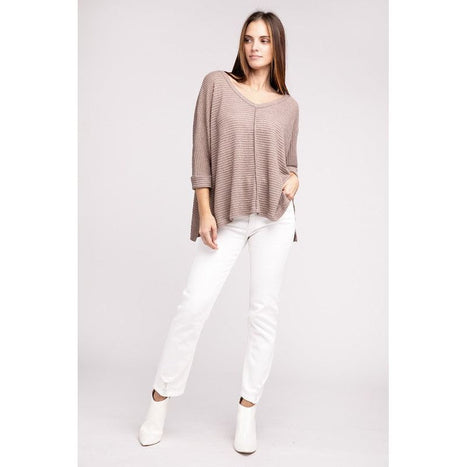 3/4 Sleeve V-Neck Hi-Low Hem Jacquard Sweater