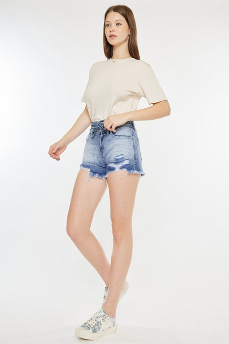 Kancan High Rise Frayed Hem Denim Shorts