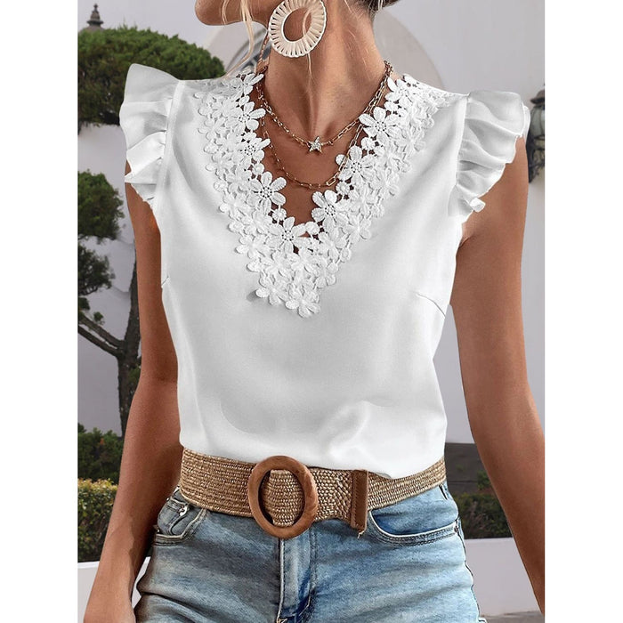 Lace Detail V-Neck Cap Sleeve Blouse