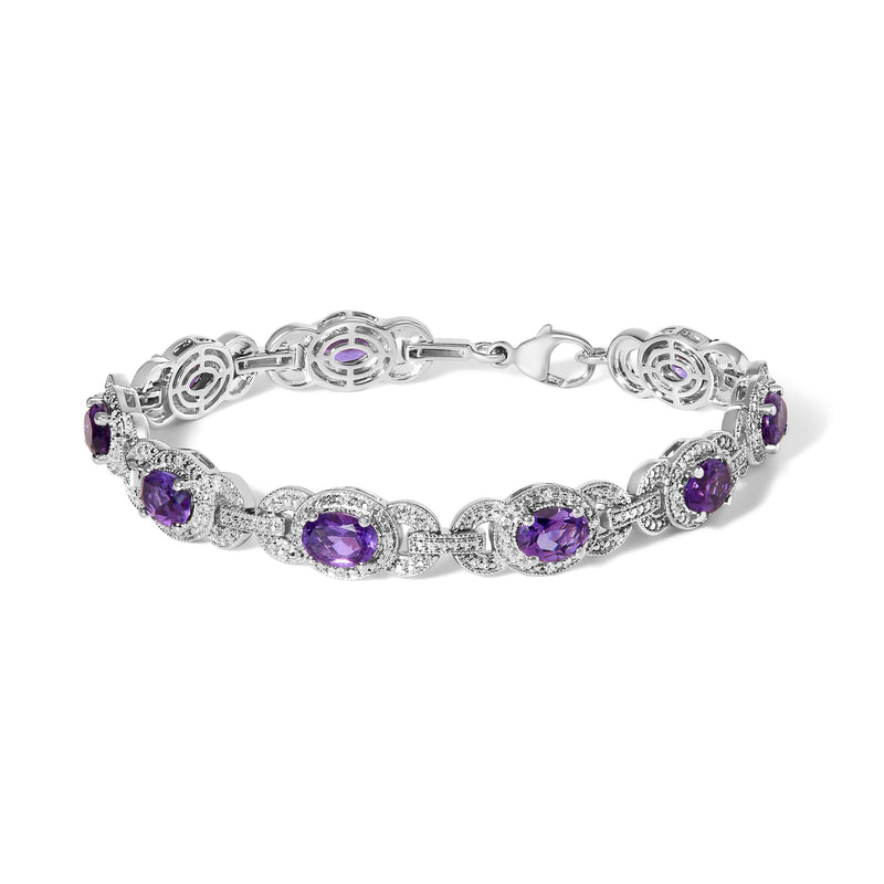 Bids.com Sterling Silver Oval Purple Amethyst and Diamond Interlocking Halo Link Bracelet Bracelets