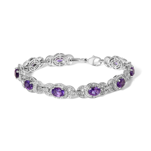 Bids.com Sterling Silver Oval Purple Amethyst and Diamond Interlocking Halo Link Bracelet Bracelets