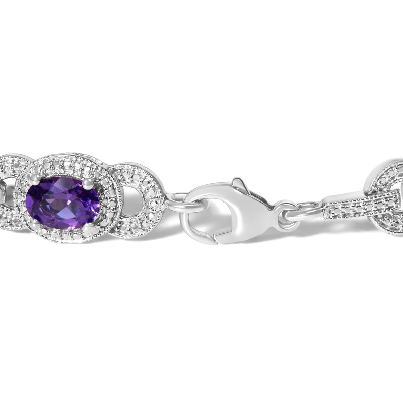 Bids.com Sterling Silver Oval Purple Amethyst and Diamond Interlocking Halo Link Bracelet Bracelets