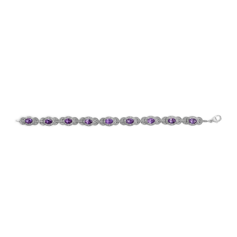 Bids.com Sterling Silver Oval Purple Amethyst and Diamond Interlocking Halo Link Bracelet Bracelets