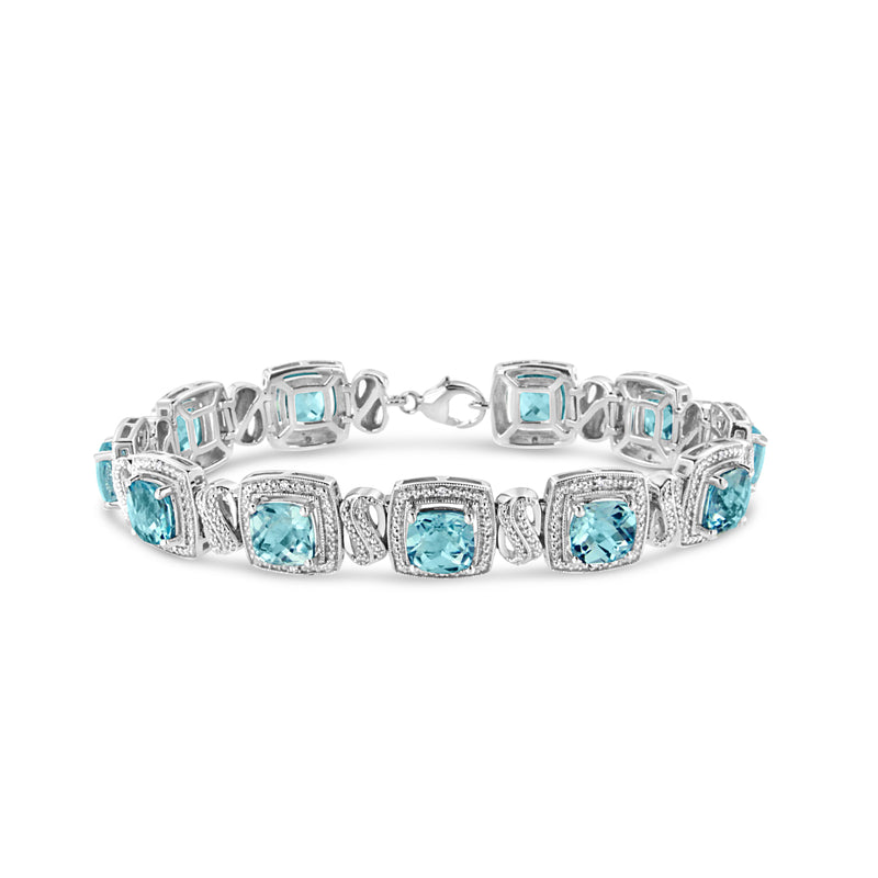 Bids.com .925 Sterling Silver 7x7 mm Cushion Cut Blue Topaz and 1/10 Ctw Single Cut Diamond Square Shape Tennis Bracelet (I-J Color, I1-I2 Clarity) - 7" Bracelets