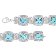 Bids.com .925 Sterling Silver 7x7 mm Cushion Cut Blue Topaz and 1/10 Ctw Single Cut Diamond Square Shape Tennis Bracelet (I-J Color, I1-I2 Clarity) - 7" Bracelets