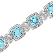 Bids.com .925 Sterling Silver 7x7 mm Cushion Cut Blue Topaz and 1/10 Ctw Single Cut Diamond Square Shape Tennis Bracelet (I-J Color, I1-I2 Clarity) - 7" Bracelets