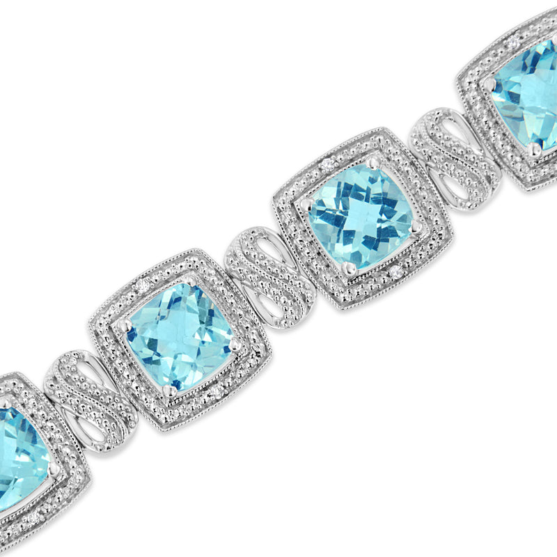Bids.com .925 Sterling Silver 7x7 mm Cushion Cut Blue Topaz and 1/10 Ctw Single Cut Diamond Square Shape Tennis Bracelet (I-J Color, I1-I2 Clarity) - 7" Bracelets