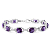 Bids.com .925 Sterling Silver 7mm Cushion Cut Amethyst Gemstone and Diamond Tennis Link Bracelet (I-J Color, I1-I2 Clarity) - Size 7" Bracelets