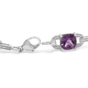 Bids.com .925 Sterling Silver 7mm Cushion Cut Amethyst Gemstone and Diamond Tennis Link Bracelet (I-J Color, I1-I2 Clarity) - Size 7" Bracelets