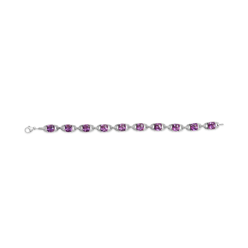 Bids.com .925 Sterling Silver 7mm Cushion Cut Amethyst Gemstone and Diamond Tennis Link Bracelet (I-J Color, I1-I2 Clarity) - Size 7" Bracelets