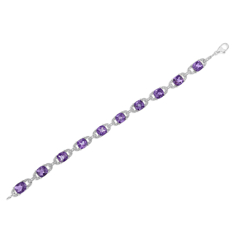 Bids.com .925 Sterling Silver 7mm Cushion Cut Amethyst Gemstone and Diamond Tennis Link Bracelet (I-J Color, I1-I2 Clarity) - Size 7" Bracelets