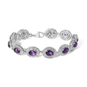 Bids.com Sterling Silver 5x7 MM Oval Purple Amethyst & Diamond Halo Link Bracelet Bracelets