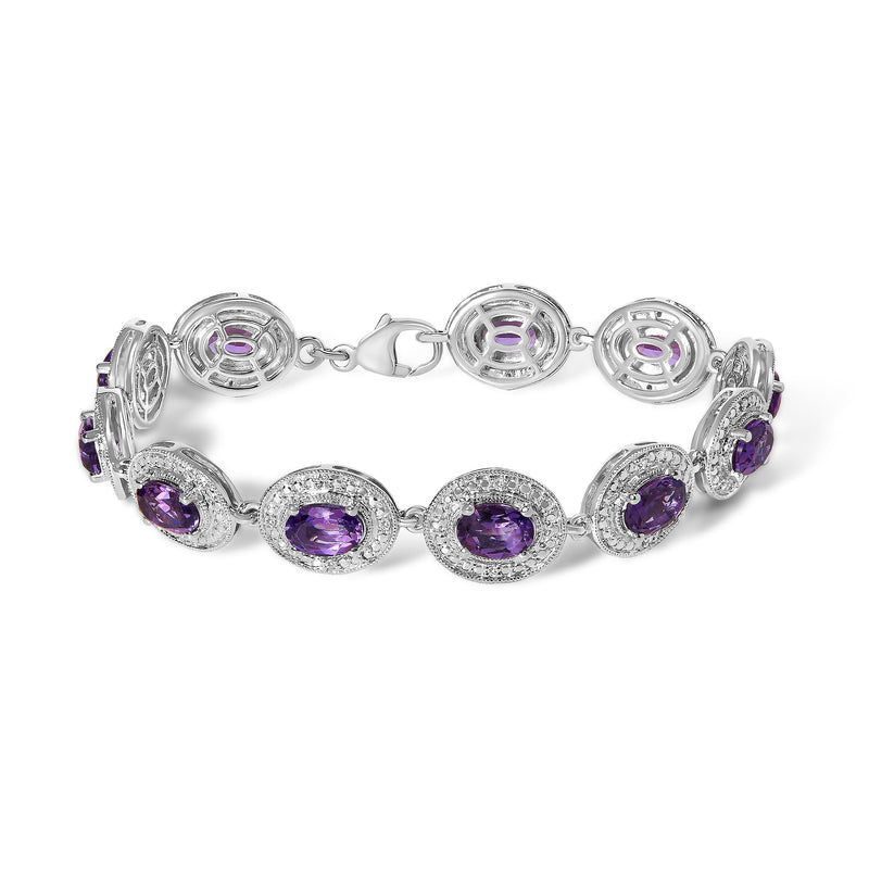 Bids.com Sterling Silver 5x7 MM Oval Purple Amethyst & Diamond Halo Link Bracelet Bracelets