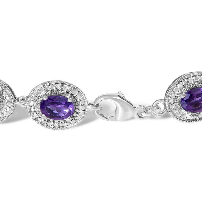 Bids.com Sterling Silver 5x7 MM Oval Purple Amethyst & Diamond Halo Link Bracelet Bracelets