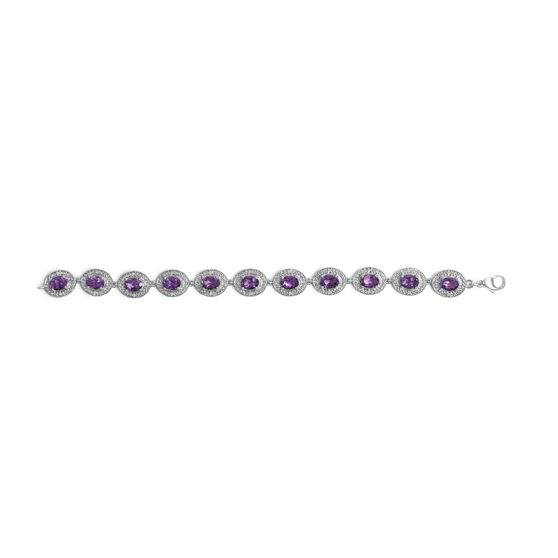 Bids.com Sterling Silver 5x7 MM Oval Purple Amethyst & Diamond Halo Link Bracelet Bracelets