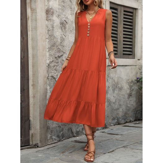 Decorative Button Notched Sleeveless Dress