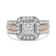 Bids.com 14K White and Rose Gold 1 1/8 Cttw Princess and Round-Cut Diamond Art Deco Style Triple Shank Halo Cocktail Ring (I-J Color, SI2-I1 Clarity) - Size 7 Rings