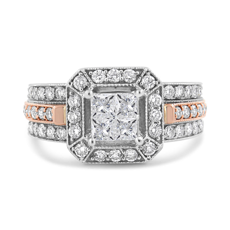 Bids.com 14K White and Rose Gold 1 1/8 Cttw Princess and Round-Cut Diamond Art Deco Style Triple Shank Halo Cocktail Ring (I-J Color, SI2-I1 Clarity) - Size 7 Rings
