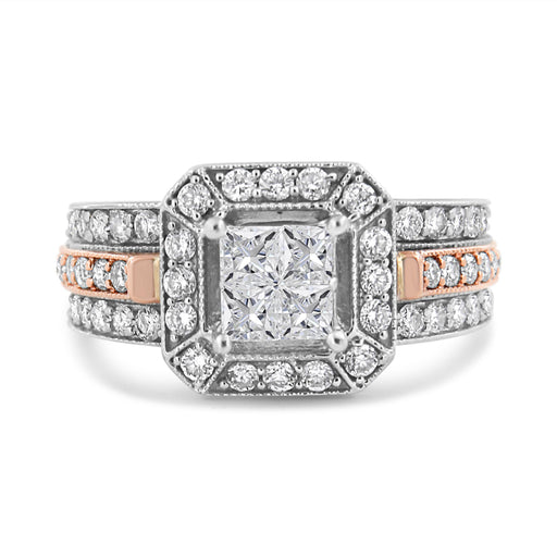 Bids.com 14K White and Rose Gold 1 1/8 Cttw Princess and Round-Cut Diamond Art Deco Style Triple Shank Halo Cocktail Ring (I-J Color, SI2-I1 Clarity) - Size 7 Rings