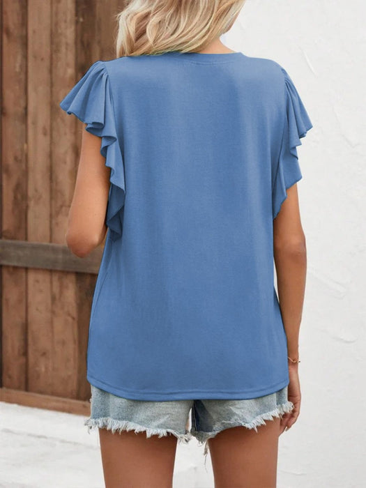 Ruffled Notched Cap Sleeve T-Shirt